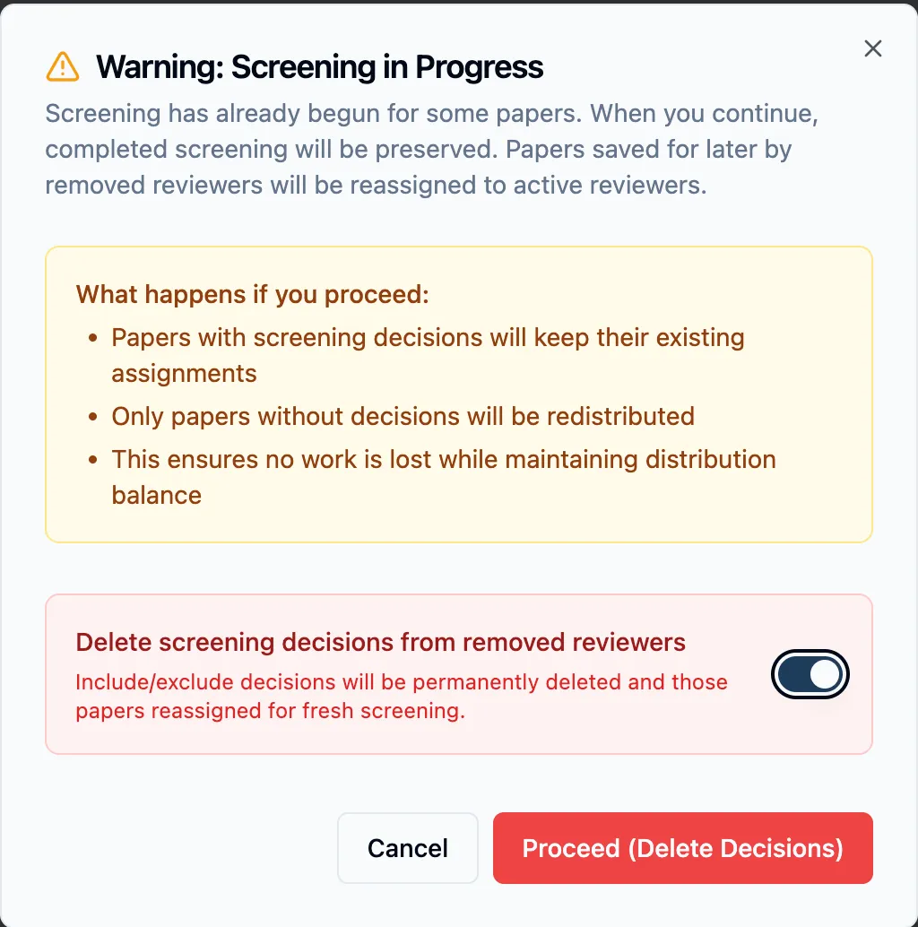 The same dialog with the delete toggle on and a red Proceed (Delete Decisions) button